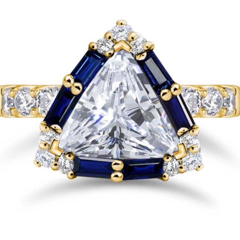 Halo Triangle Cut White & Blue Sapphire Engagement Ring - Picture 6 of 9